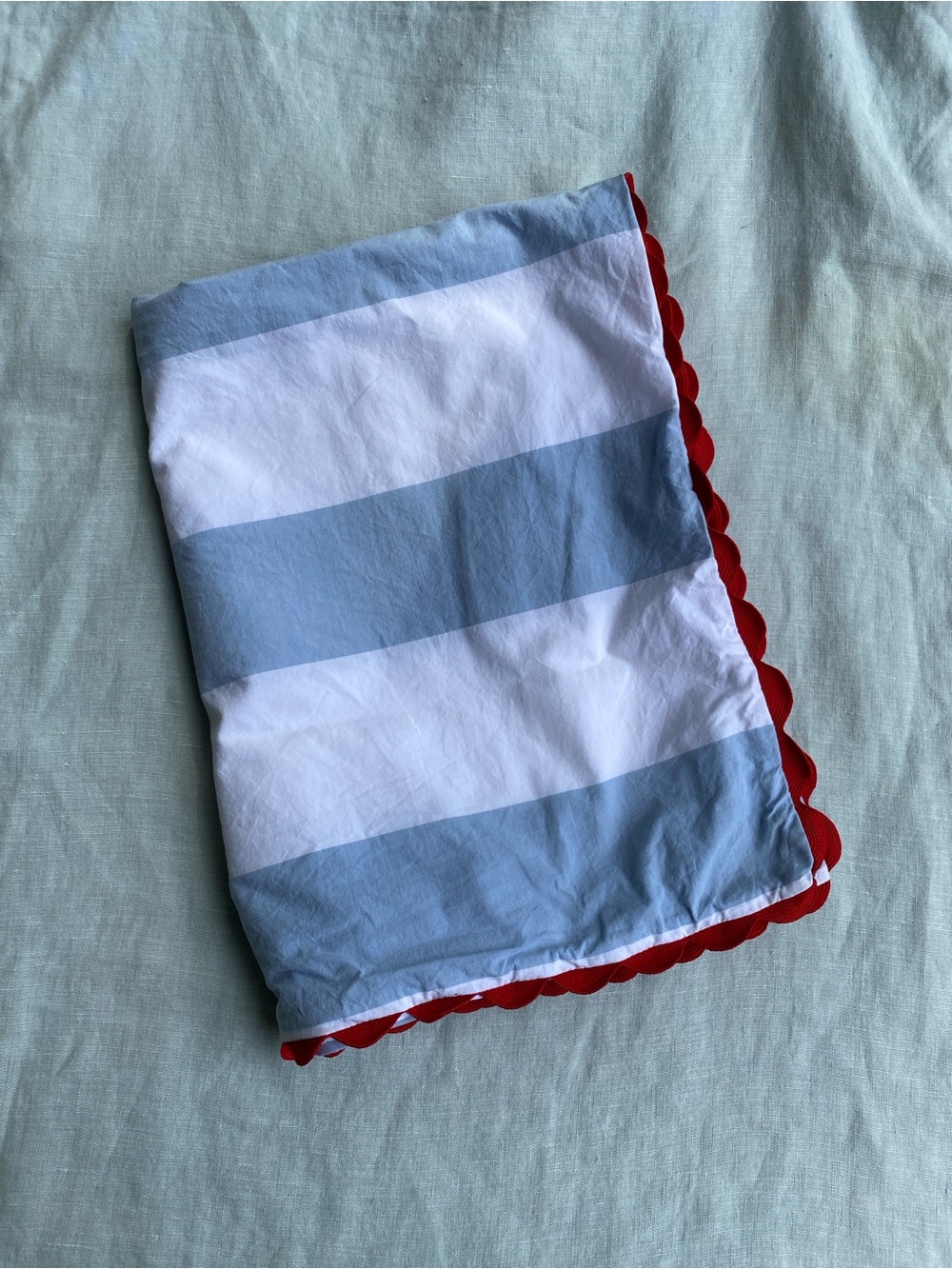 Serena & Lily Beach Club Percale Stripe Sham blue white red ric rac trim
